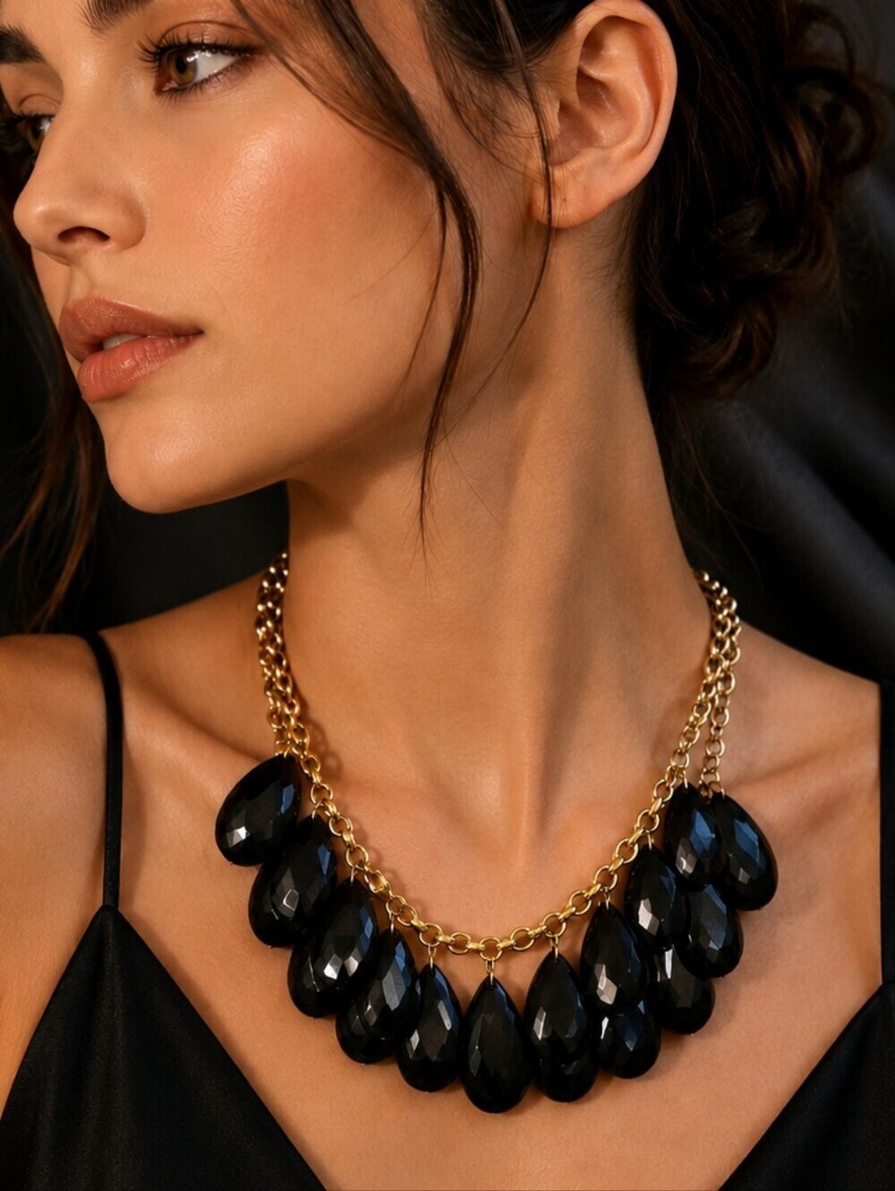 VTG Black Teardrop Chandalier Layered Chain Necklace